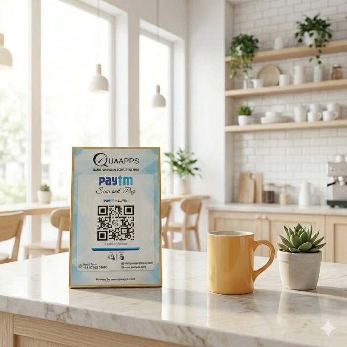 Quaapps QR payment standee on a cafe counter