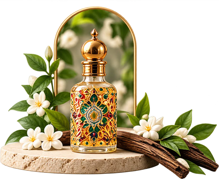 A ti Aromaa attar bottle on a stone podium with jasmine and agarwood